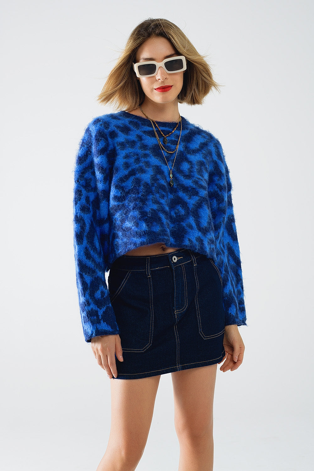 Jersey azul con estampado de leopardo de punto con lana Q2
