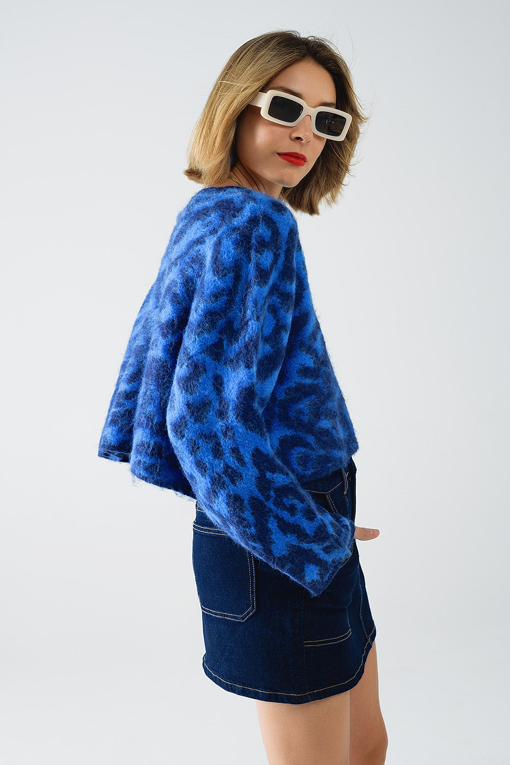 Jersey azul con estampado de leopardo de punto con lana Q2