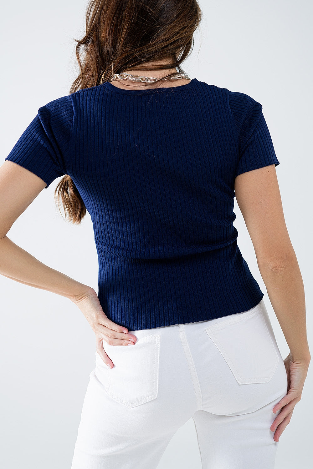 Jersey azul marino con parte delantera cruzada y cuello en V Q2