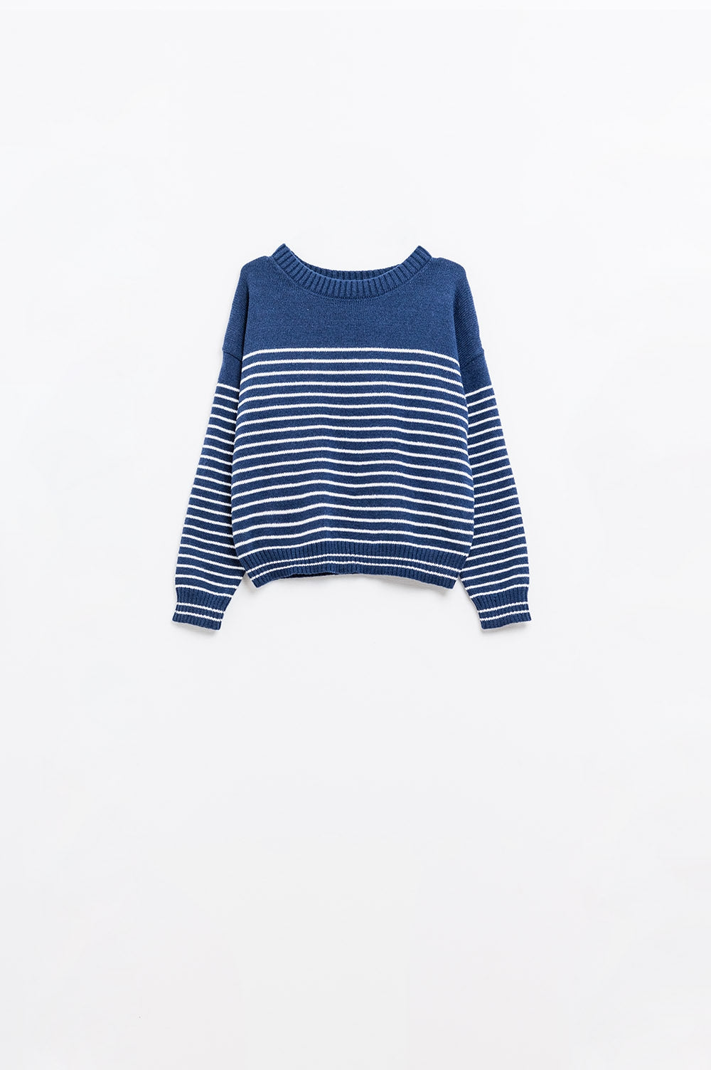 Q2 jersey azul marino con rayas blancas y cuello barco