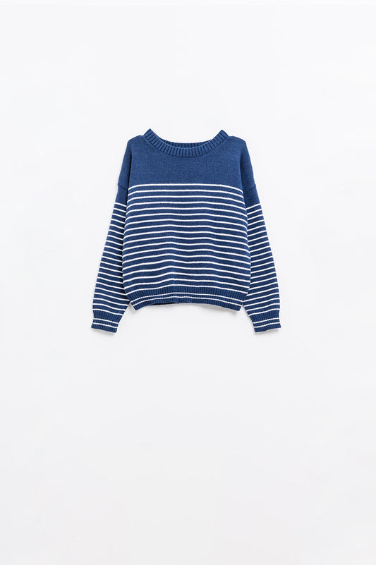 Q2 jersey azul marino con rayas blancas y cuello barco