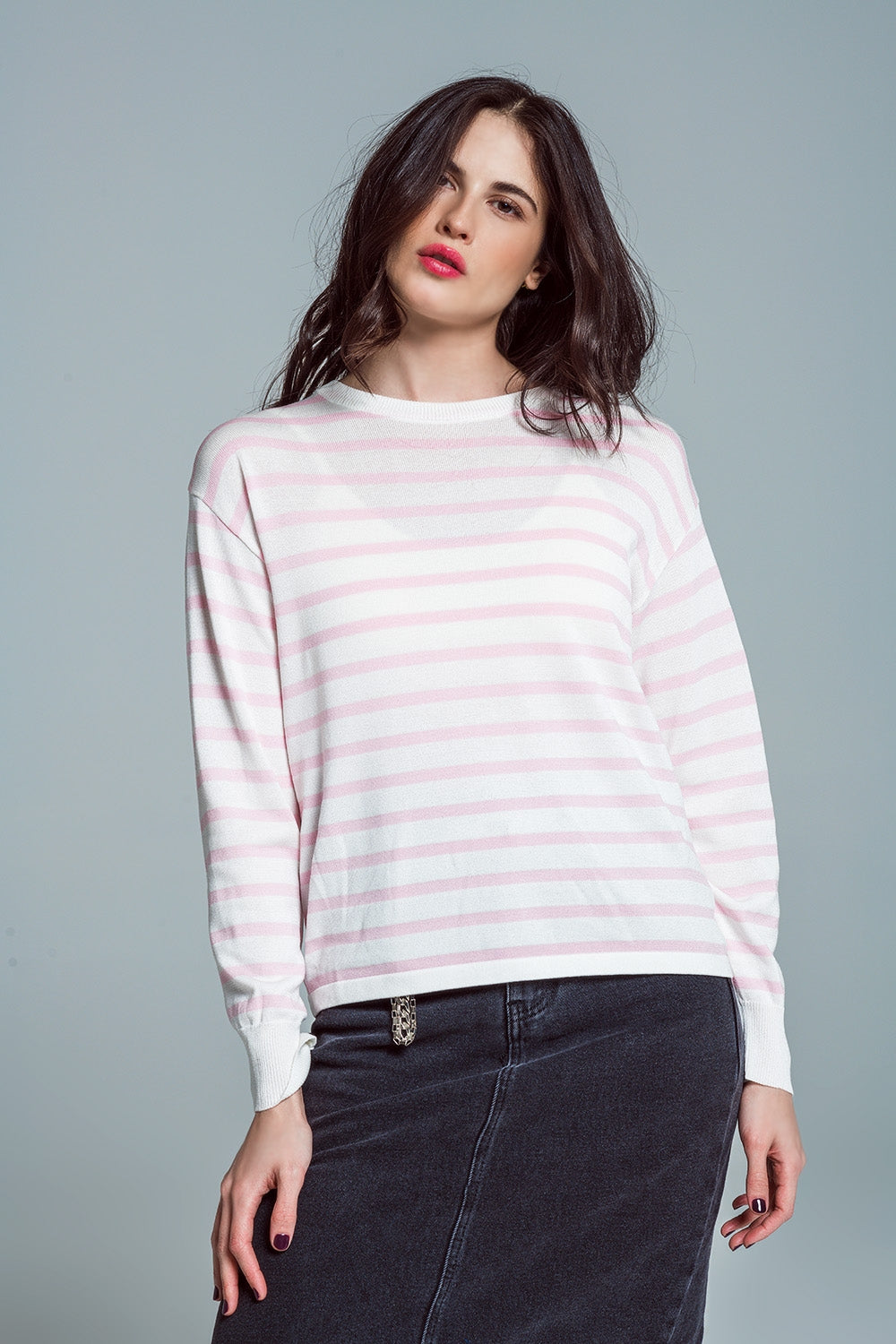 Jersey básico de rayas con cuello redondo en rosa Q2