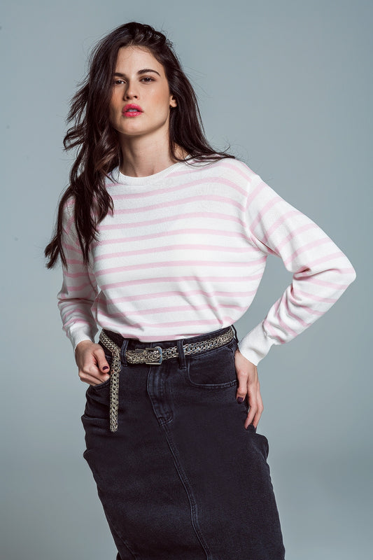 Q2 Jersey básico de rayas con cuello redondo en rosa