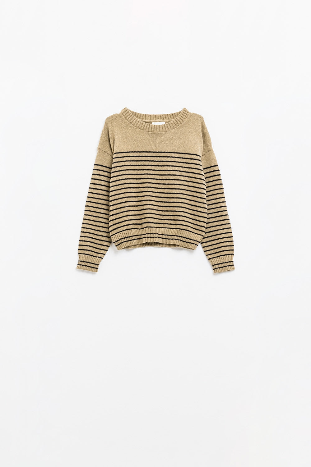 Q2 Jersey beige con rayas negras y cuello barco