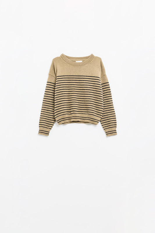 Q2 Jersey beige con rayas negras y cuello barco