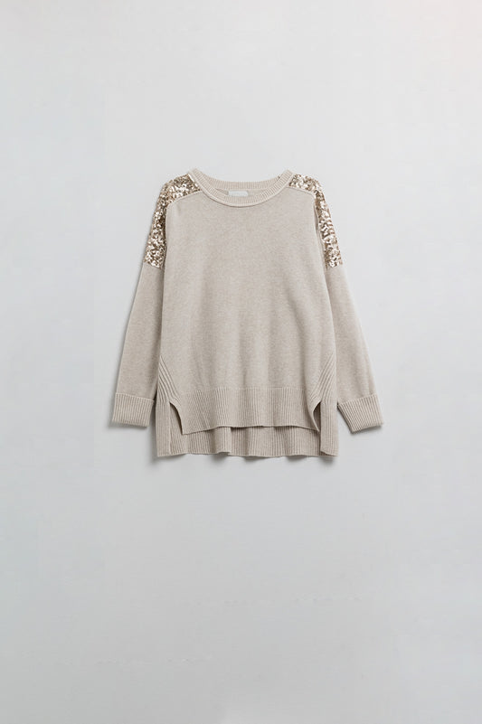 Q2 Jersey beige de manga larga con lentejuelas en los hombros