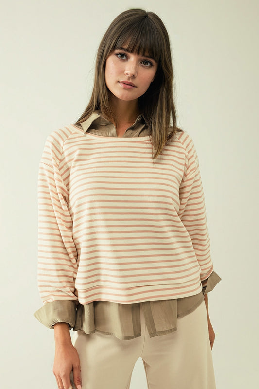 Q2 Jersey blanco de manga larga con rayas rosas y cuello barco