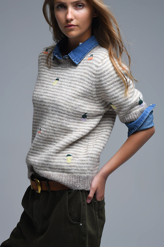 Q2 Jersey bordado de manga corta a rayas beige