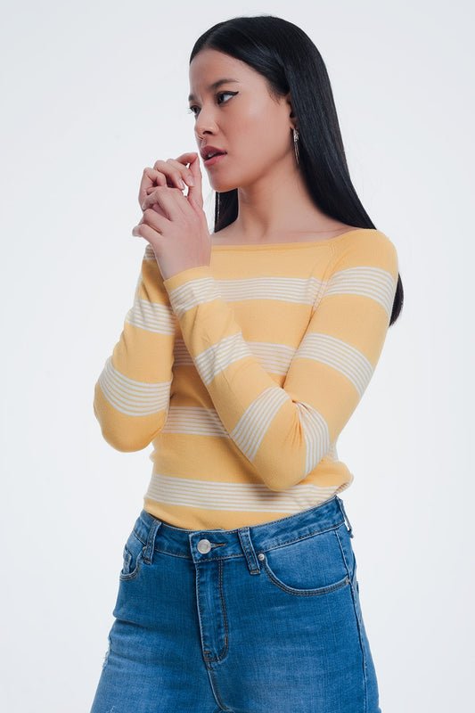 Q2 Jersey con cuello barco a rayas en color amarillo