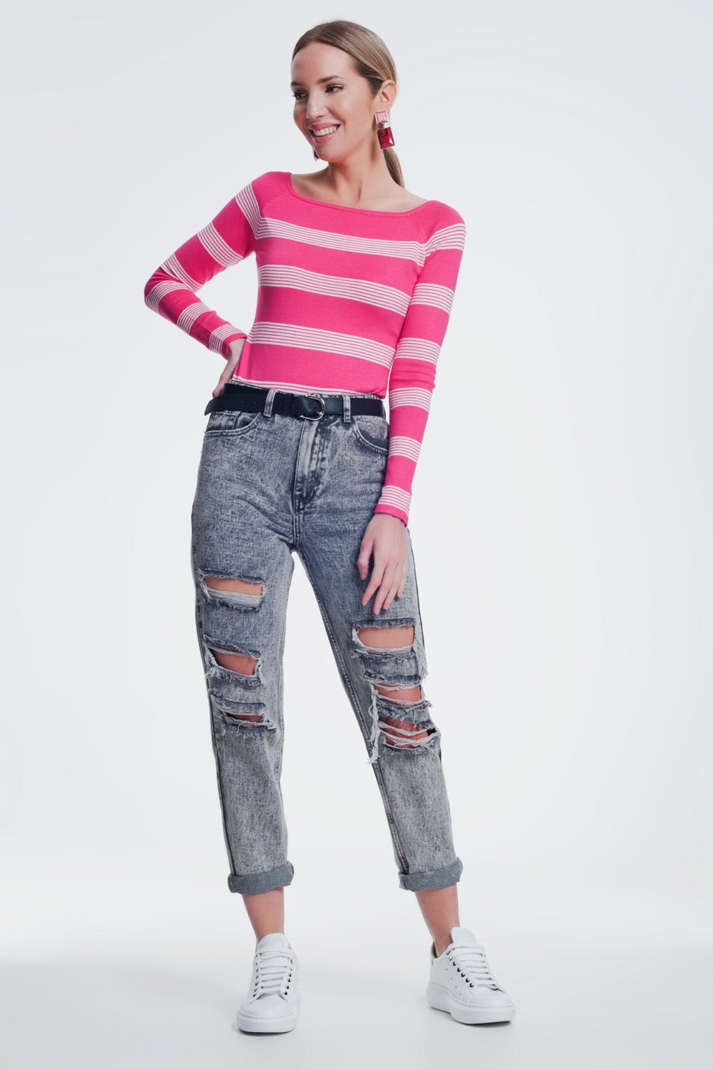 Jersey con cuello barco a rayas en color fucsia Q2