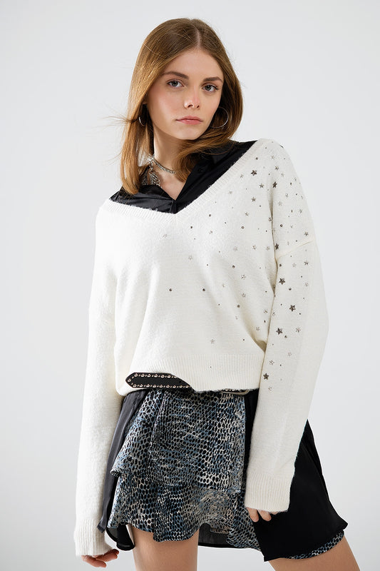 Q2 Jersey con cuello de pico adornado con estrellas metálicas