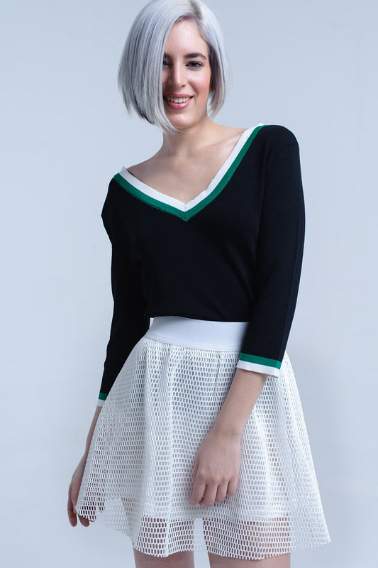 Q2 Jersey con cuello en V negro con ribete en contraste verde y blanco