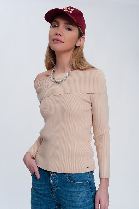 Q2 Jersey con escote Bardot en color beige