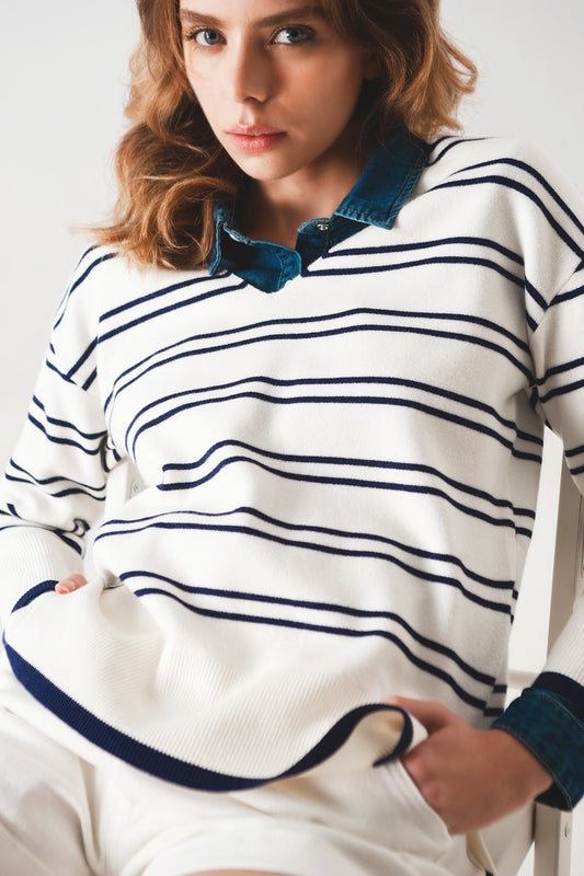 Q2 Jersey con escote en pico y rayas azul marino