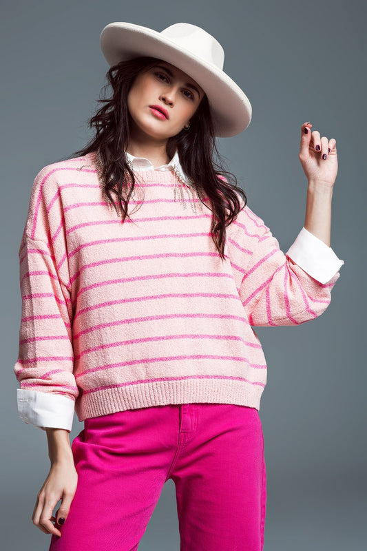 Q2 Jersey con hombros caídos y rayas fucsia