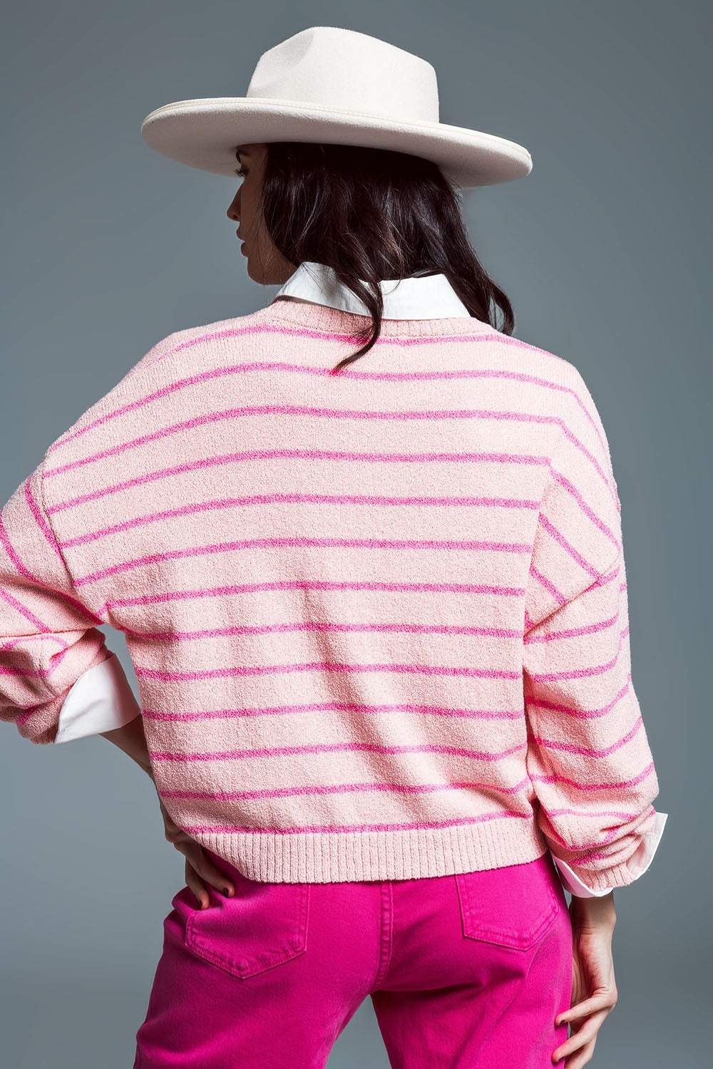 Jersey con hombros caídos y rayas fucsia Q2