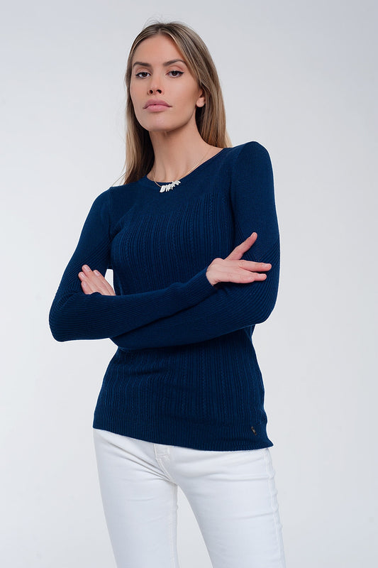 Q2 Jersey de canalé ajustado con cuello redondo en azul marino