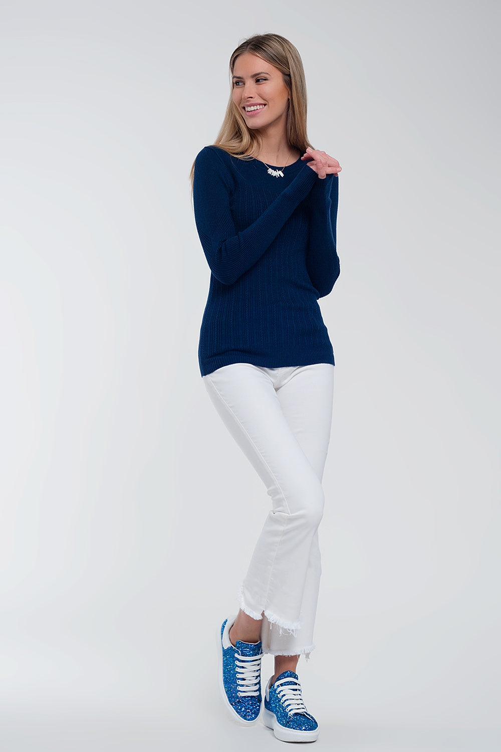 Jersey de canalé ajustado con cuello redondo en azul marino Q2