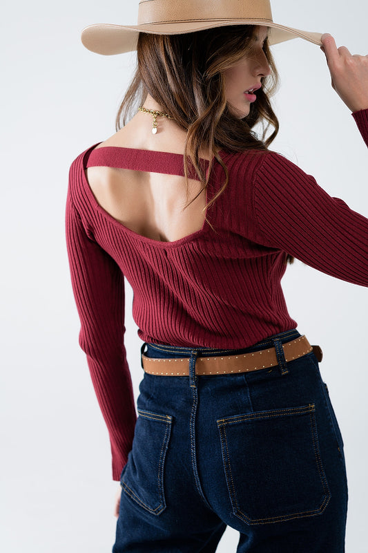 Q2 jersey de canalé burdeos con espalda abierta