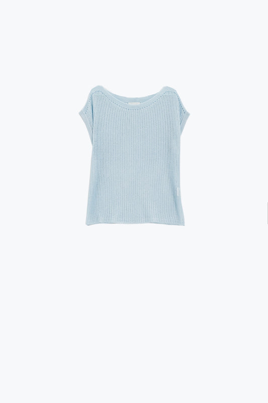 Q2 Jersey de canalé con cuello barco y mangas casquillo en azul