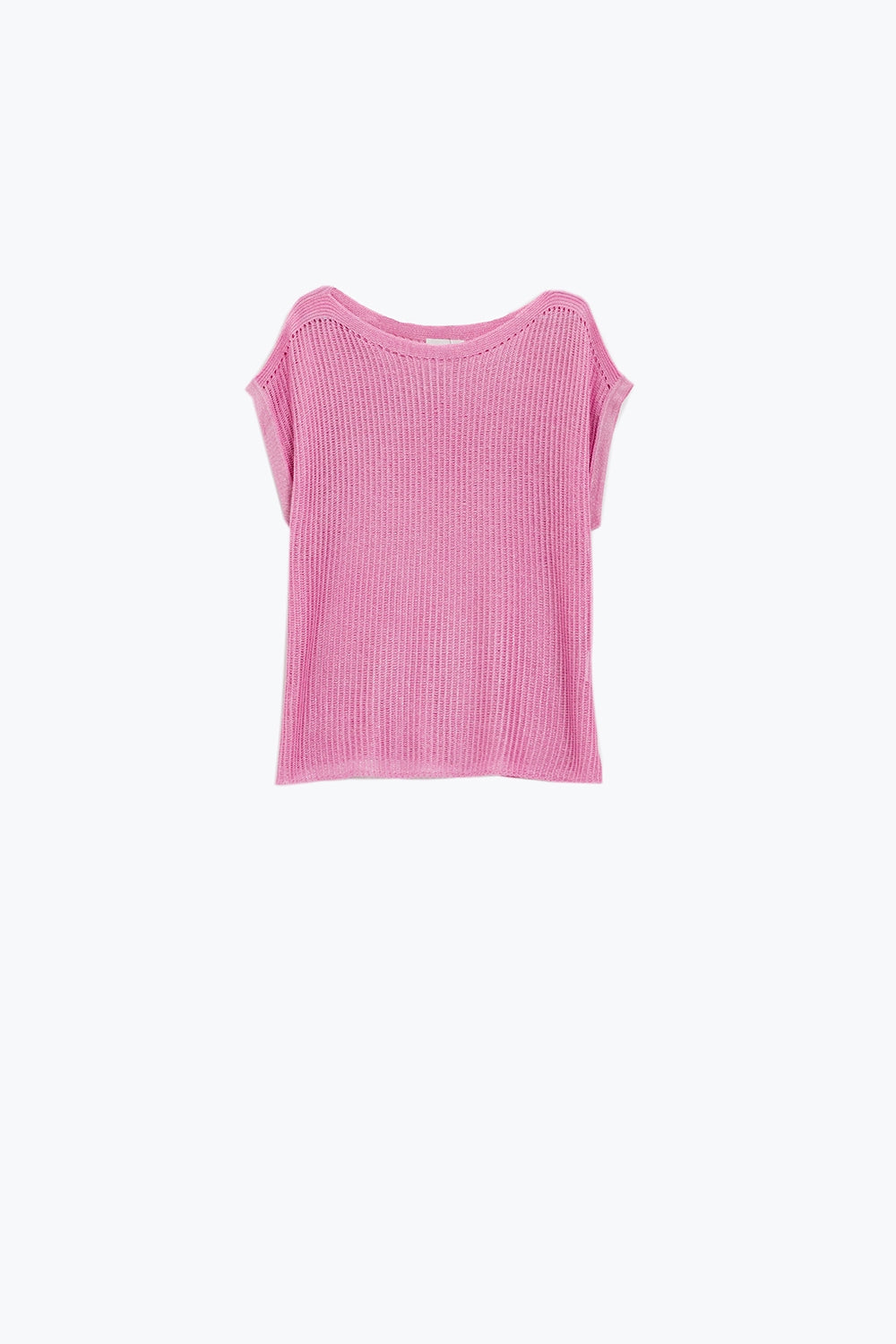 Jersey de canalé con cuello barco y mangas casquillo en rosa Q2