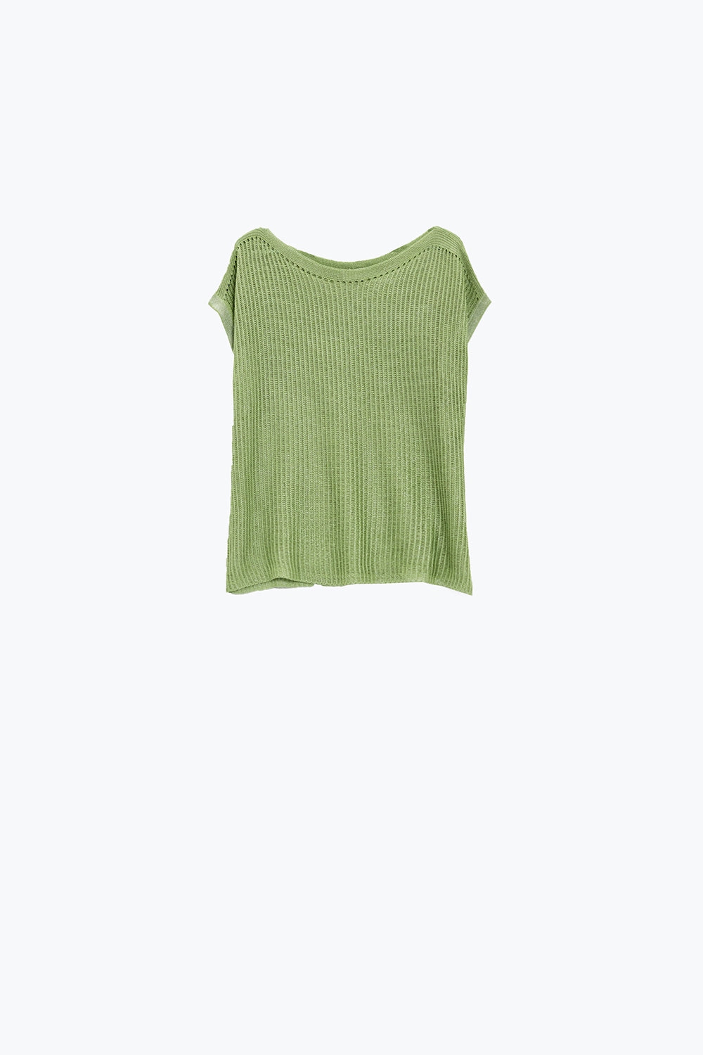 Jersey de canalé con cuello barco y mangas casquillo en verde Q2