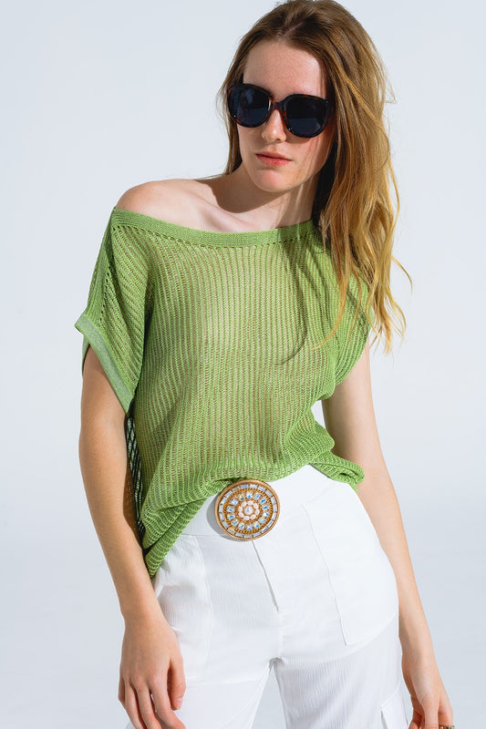 Q2 Jersey de canalé con cuello barco y mangas casquillo en verde