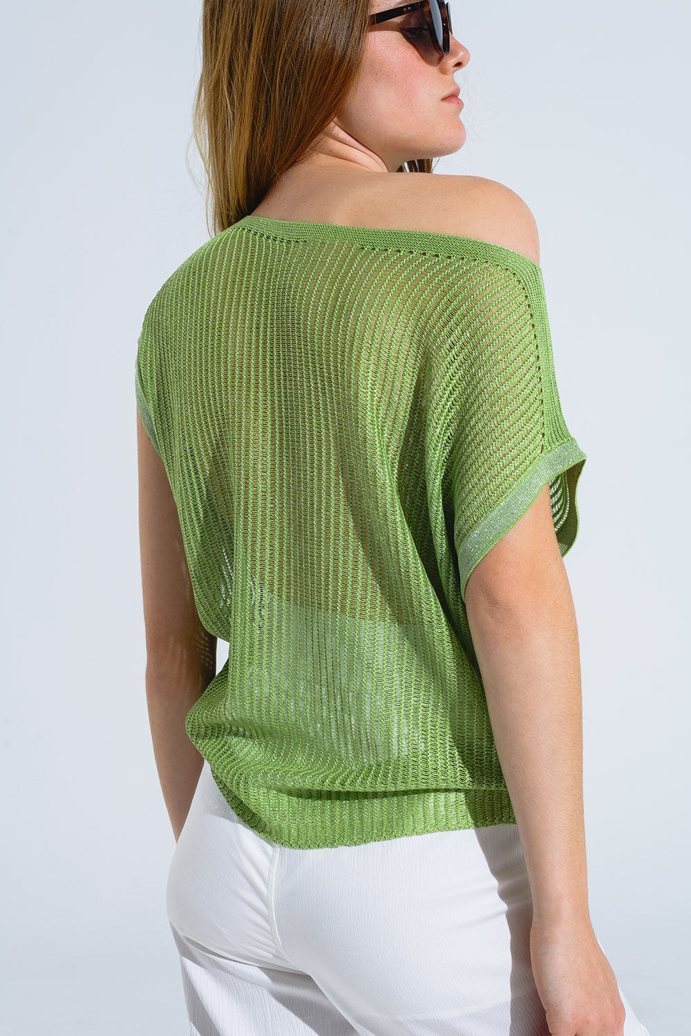 Jersey de canalé con cuello barco y mangas casquillo en verde Q2