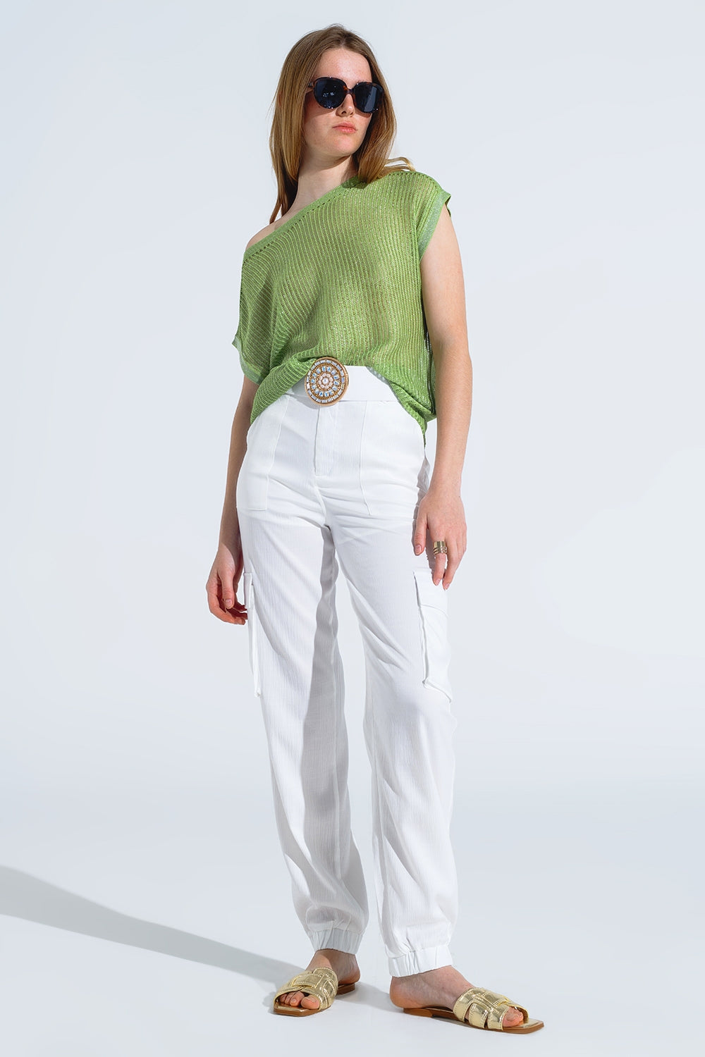 Jersey de canalé con cuello barco y mangas casquillo en verde Q2