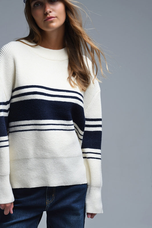 Q2 Jersey de canalé en color crema con rayas marineras en el pecho