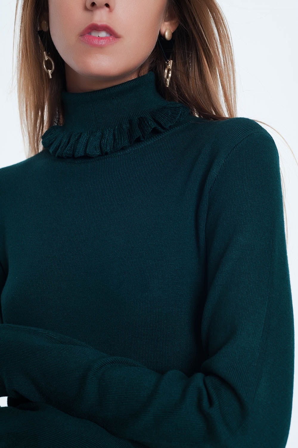 Jersey de corte slim de canalé con detalle de volante en verde Q2