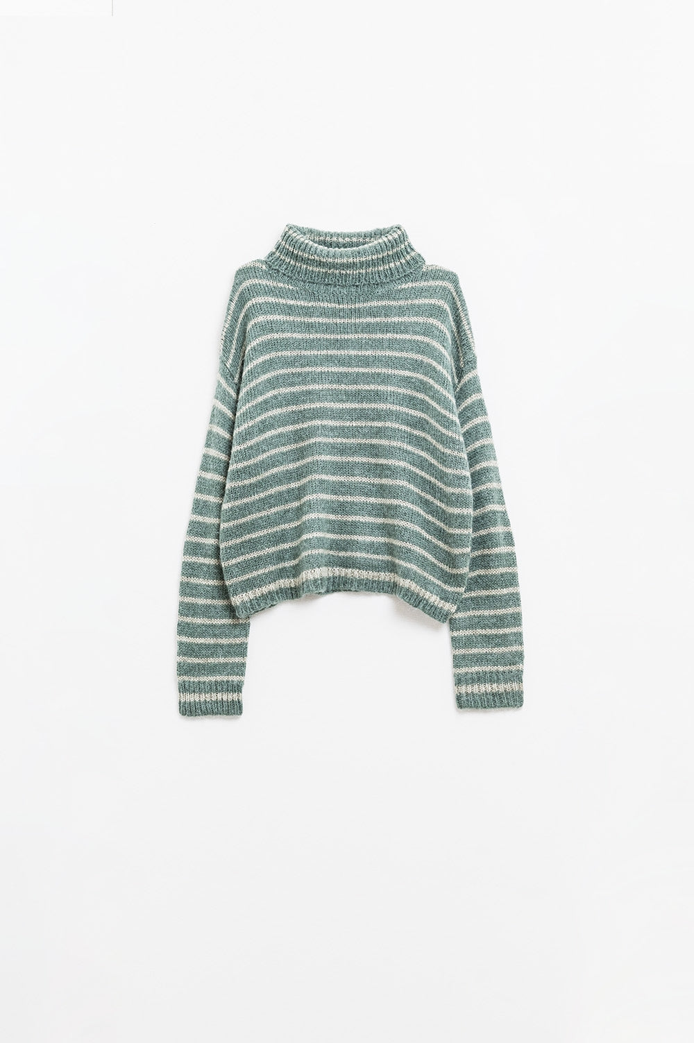 Q2 jersey de cuello alto a rayas de punto suave en verde