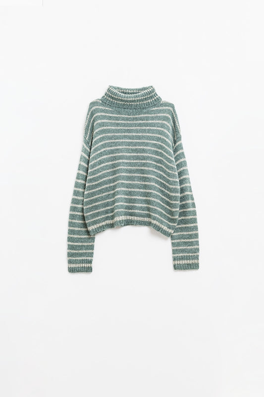 Q2 jersey de cuello alto a rayas de punto suave en verde