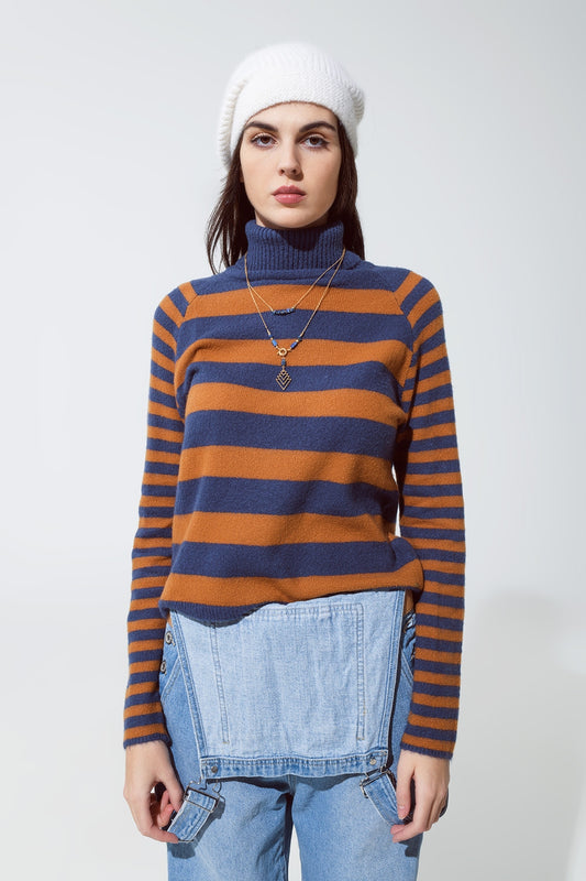 Q2 Jersey de cuello alto con rayas en azul y marrón