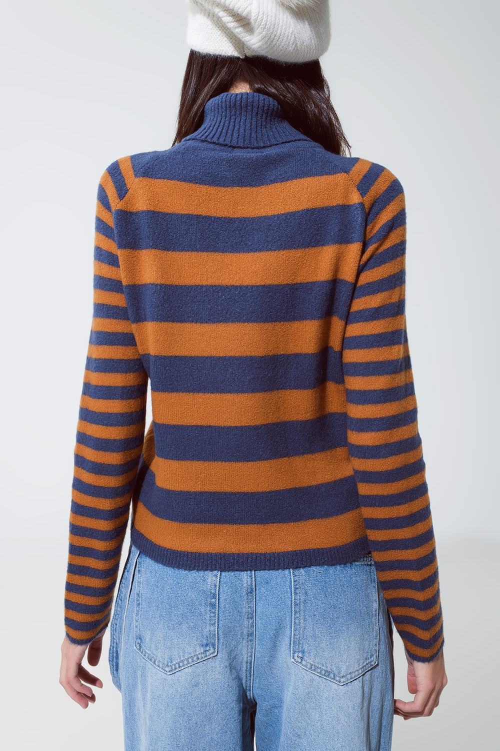 Jersey de cuello alto con rayas en azul y marrón Q2