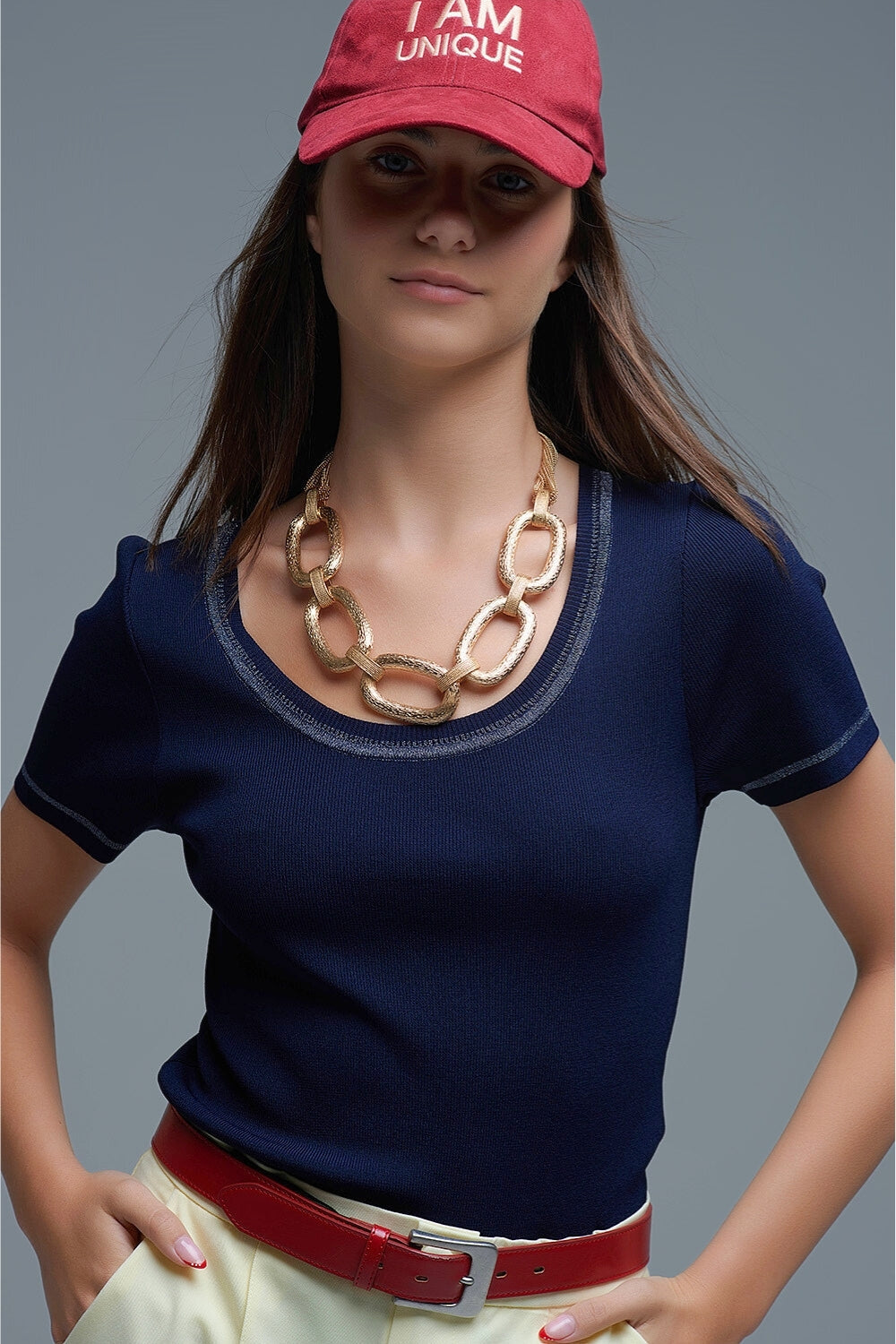 Jersey De Manga Corta En Azul Marino Con Costura Plateada En El Cuello Redondo Q2