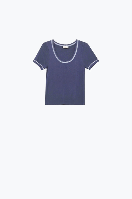 Q2 Jersey De Manga Corta En Azul Marino Con Costura Plateada En El Cuello Redondo