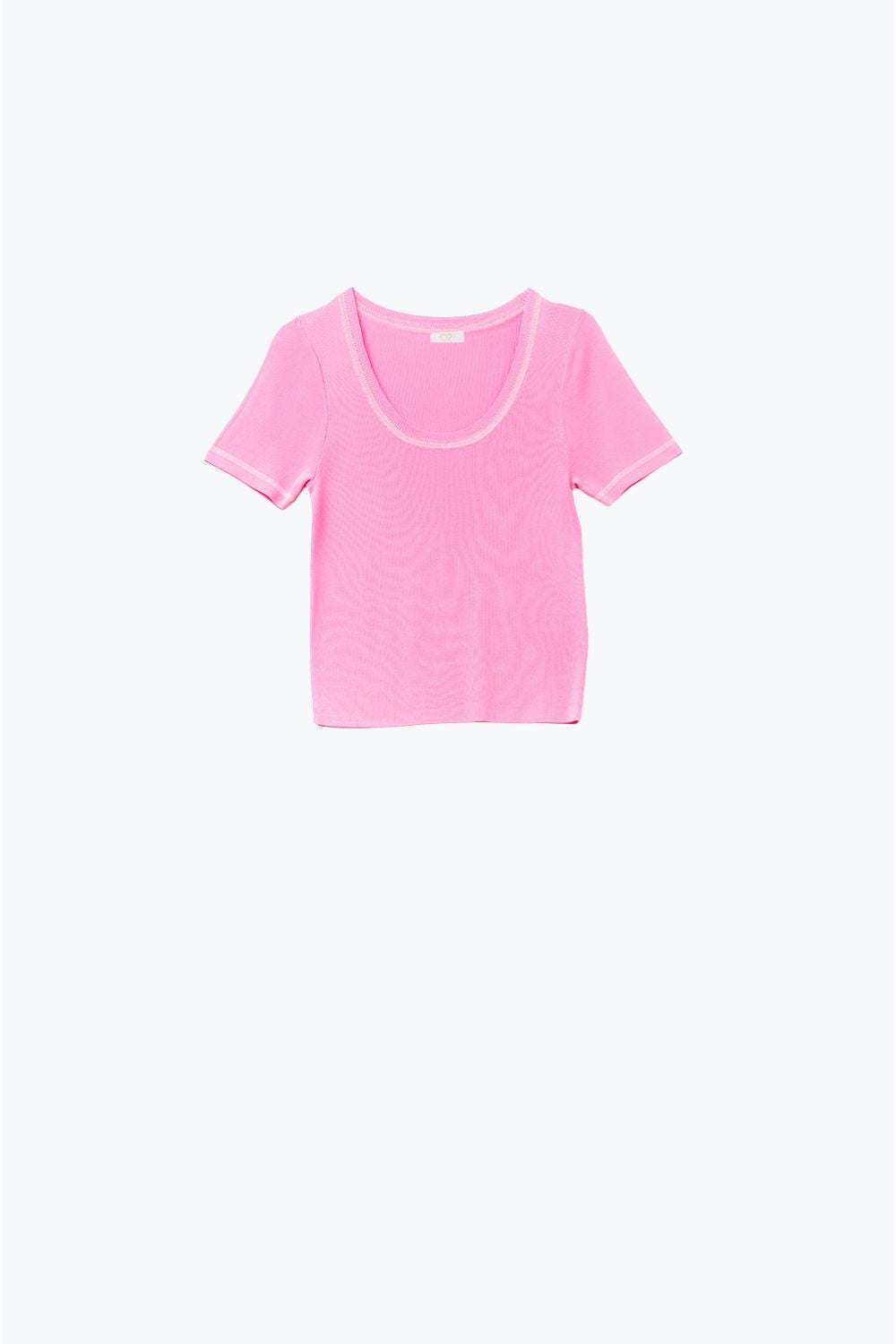 Q2 Jersey De Manga Corta En Rosa Con Costura Plateada En El Cuello Redondo