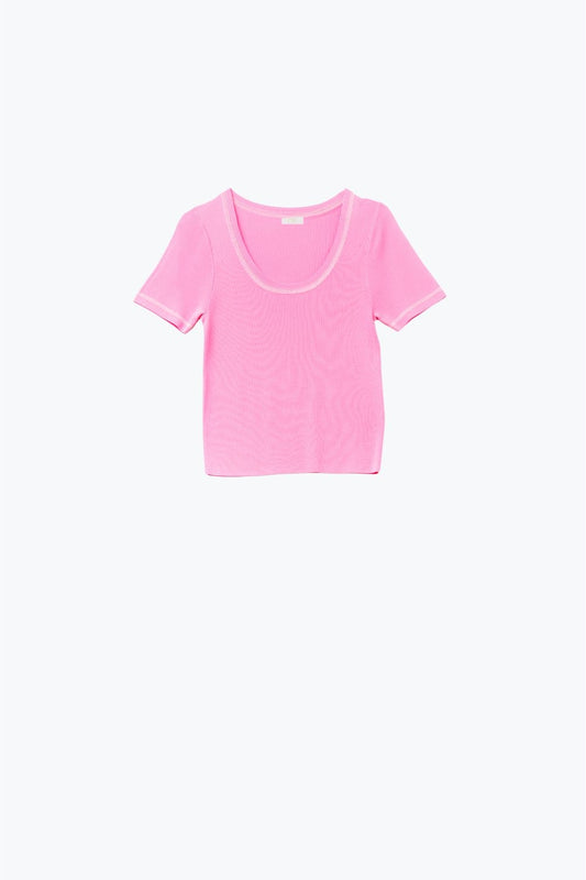 Q2 Jersey De Manga Corta En Rosa Con Costura Plateada En El Cuello Redondo