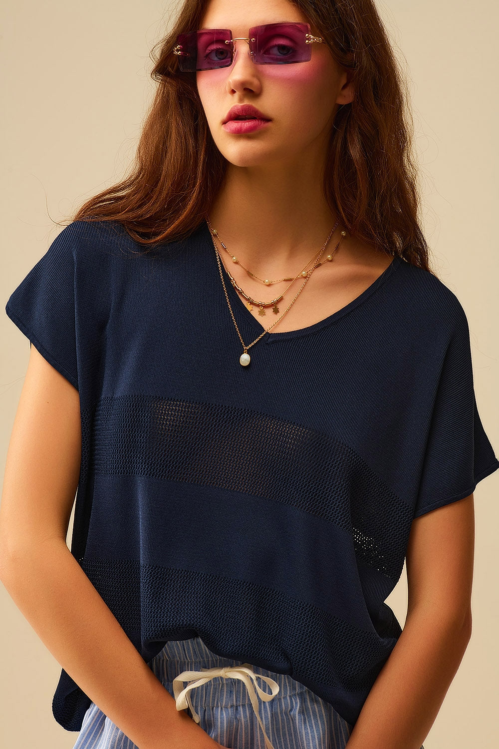 Jersey de punto a rayas azul marino Q2