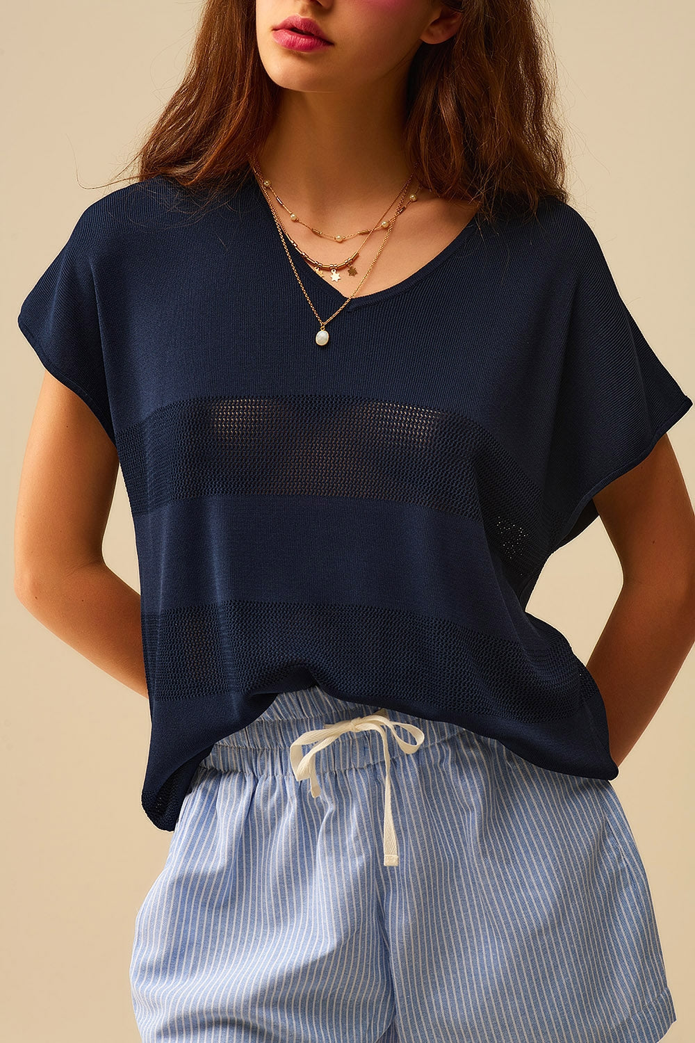 Jersey de punto a rayas azul marino Q2