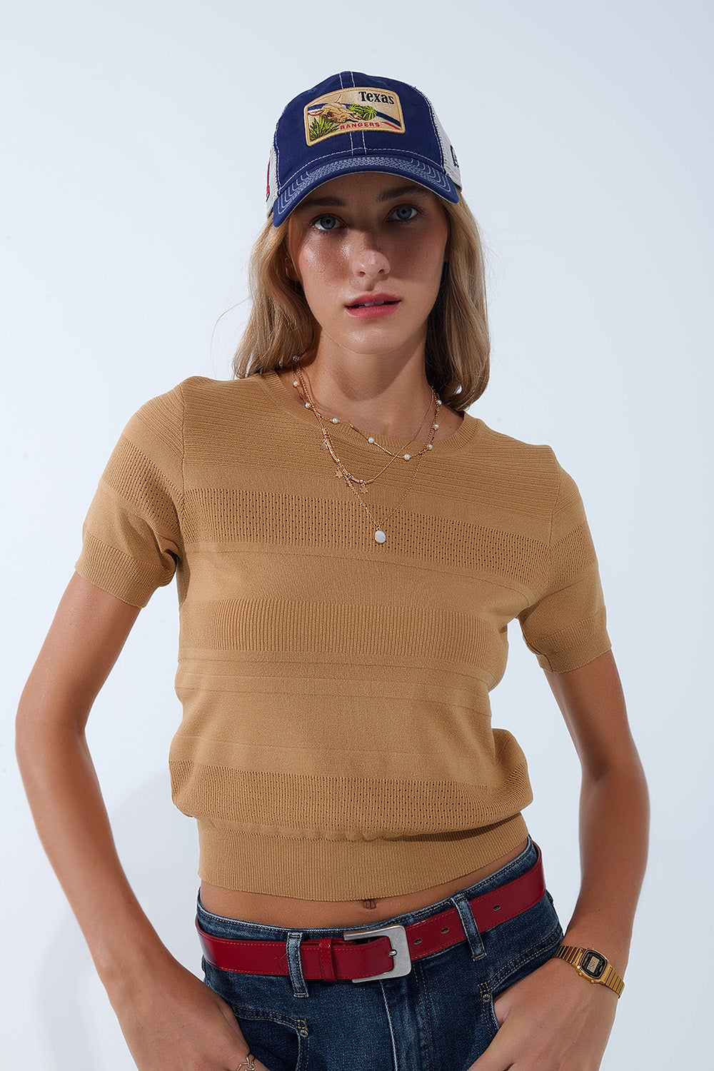 Jersey de punto a rayas texturizado en camel Q2