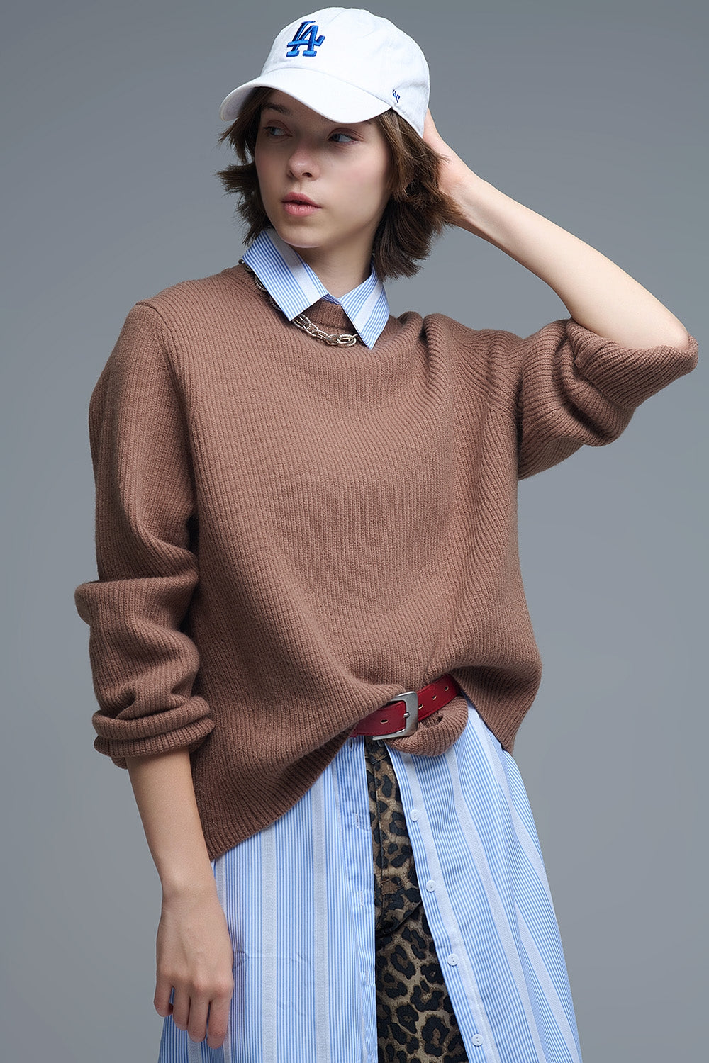 Q2 Jersey de punto acanalado en camel