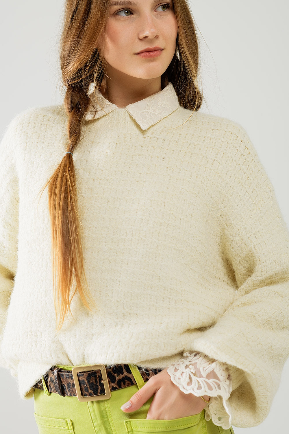 Jersey de punto beige con mangas globo Q2
