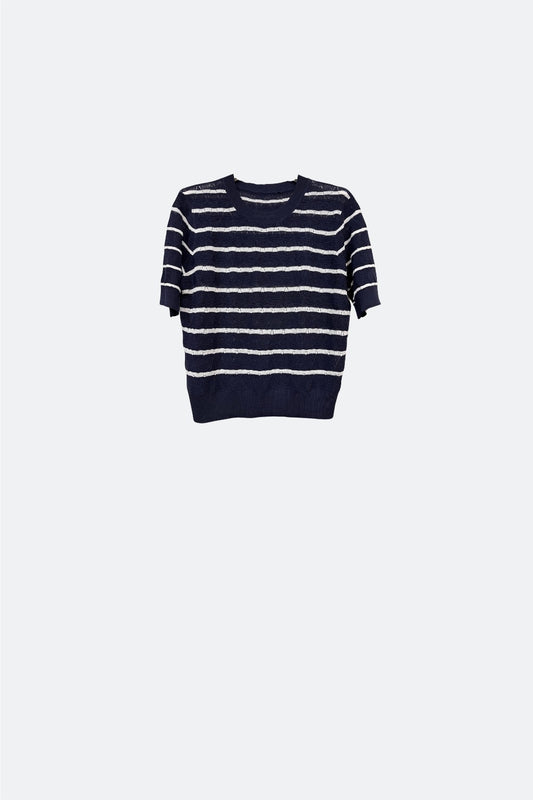 Q2 Jersey de punto calado azul marino con mangas cortas y rayas blancas
