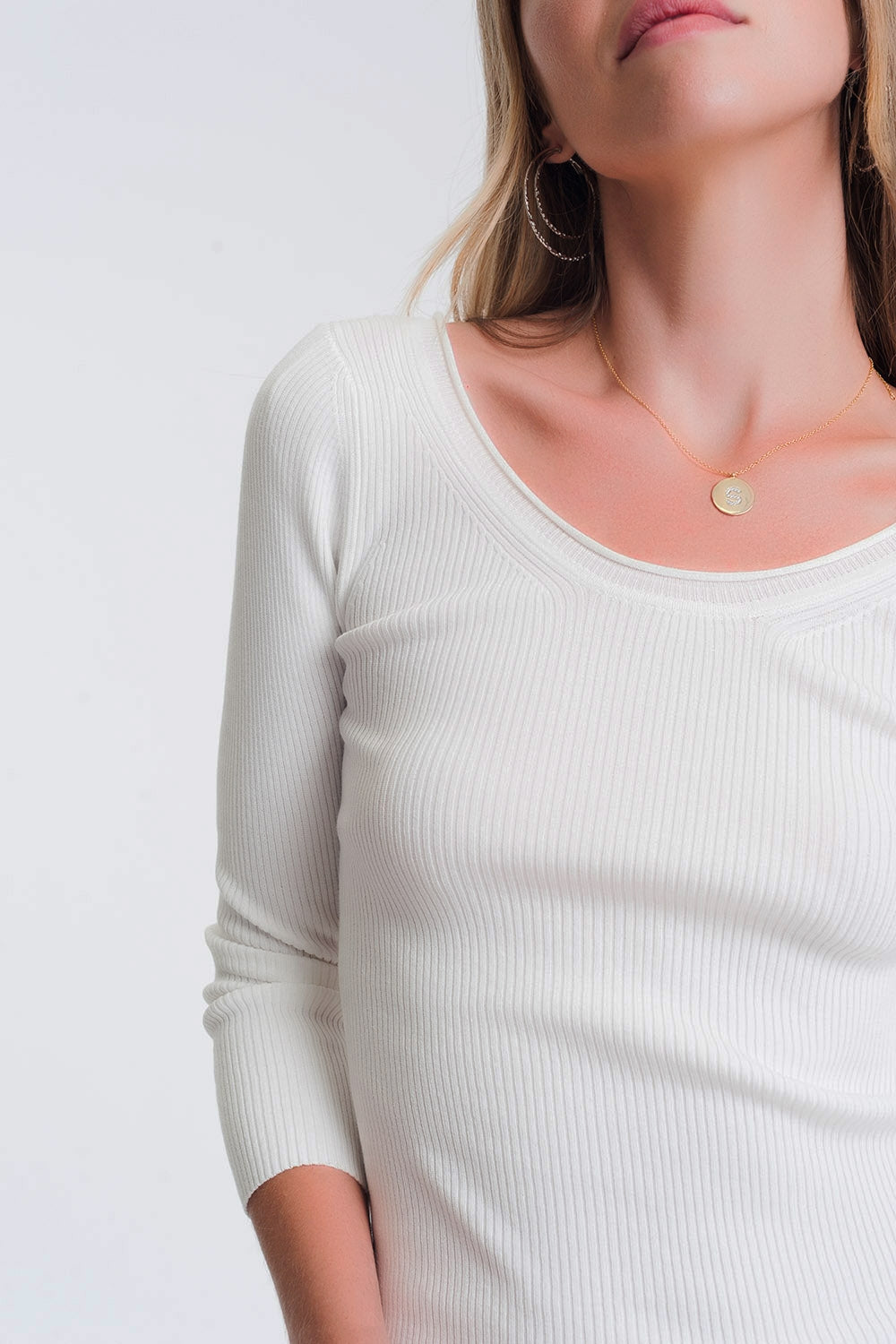 Jersey de punto con cuello amplio blanco Q2