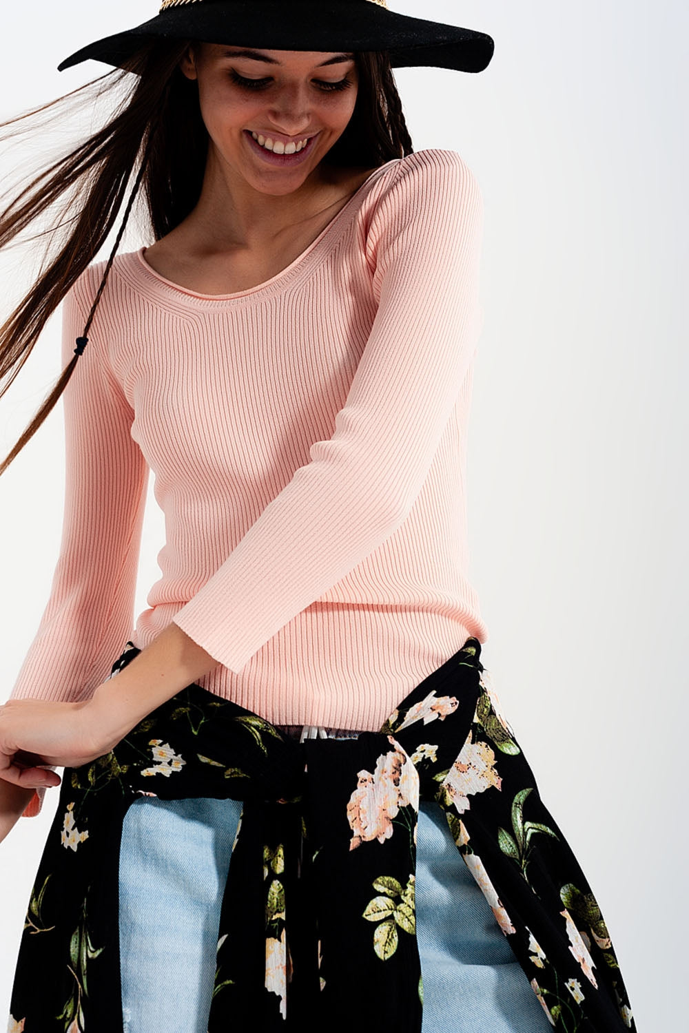 Jersey de punto con cuello amplio en rosa Q2