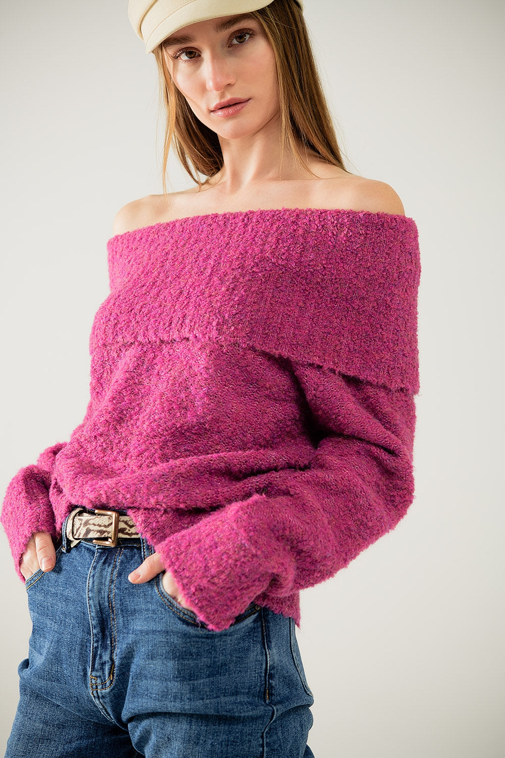 Q2 jersey de punto con cuello barco en fucsia