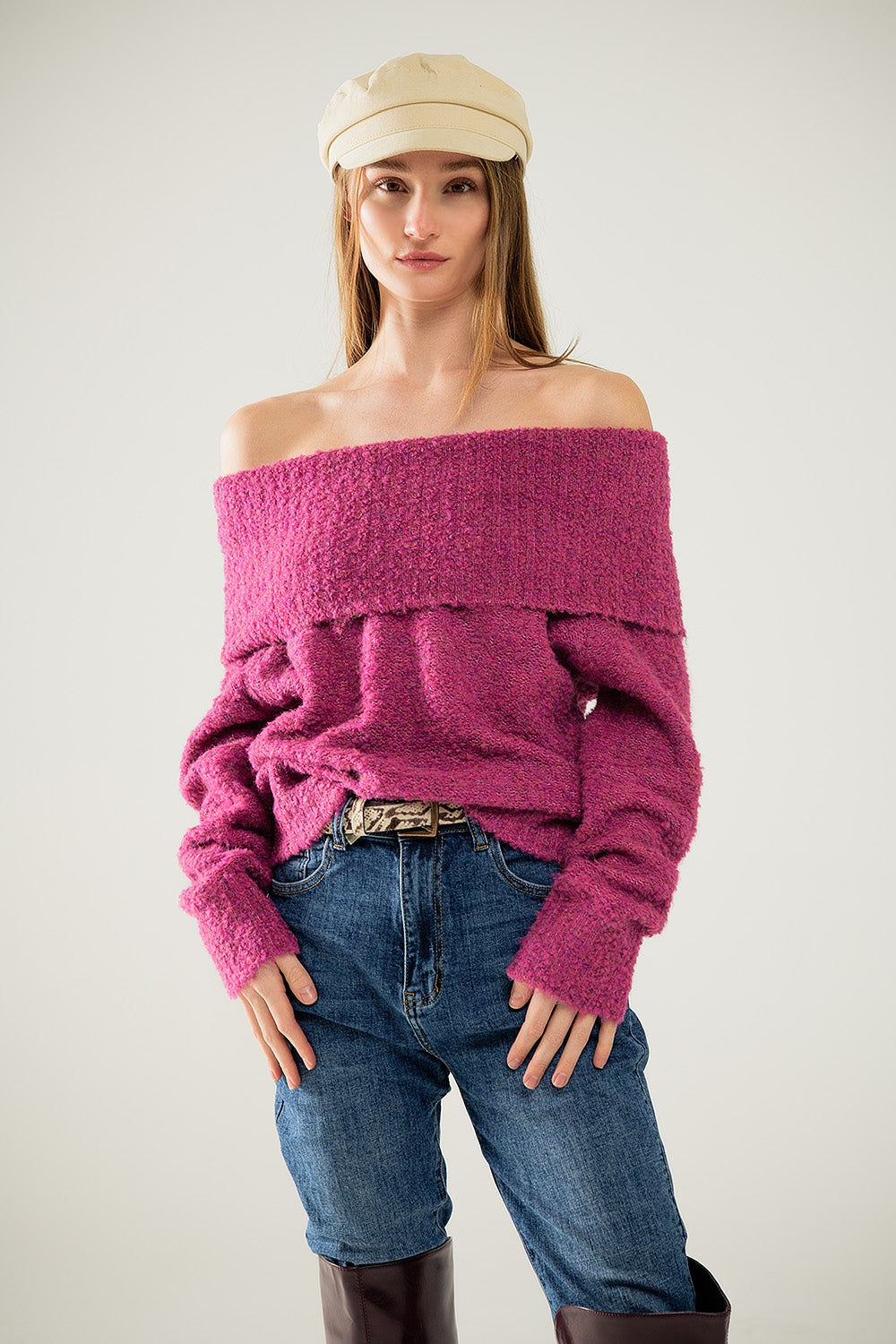 jersey de punto con cuello barco en fucsia Q2