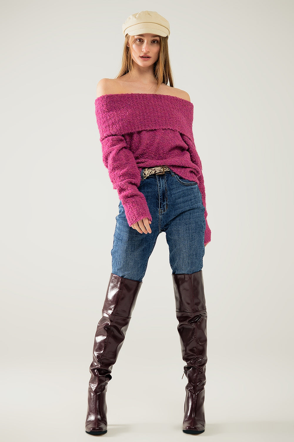 jersey de punto con cuello barco en fucsia Q2
